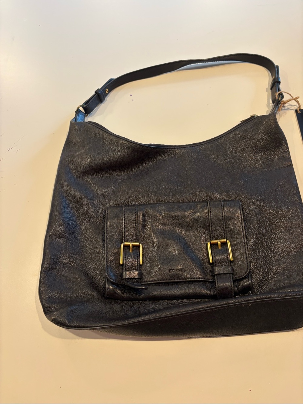 Fossil Black Leather Hobo with Front Buckle Pocket